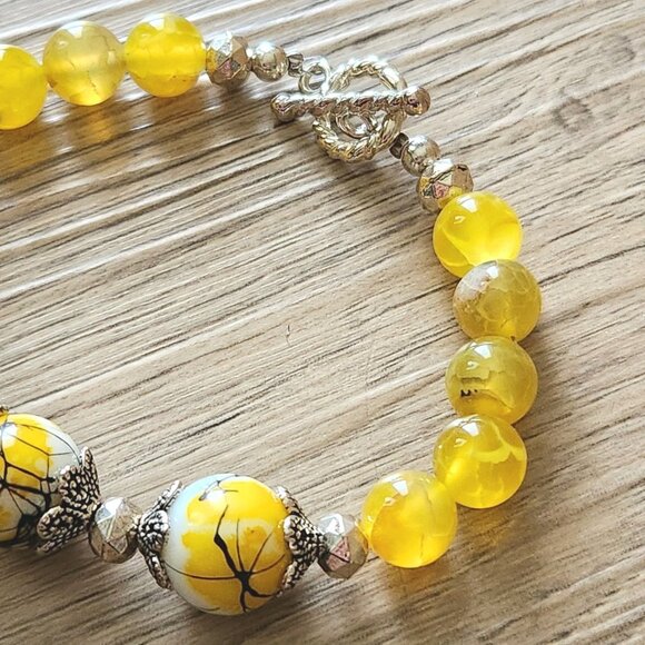 Yellow Fire Agate Bracelet Glass Focal Semi Precious Stone 7"Handmade D NWOT - Picture 4 of 8